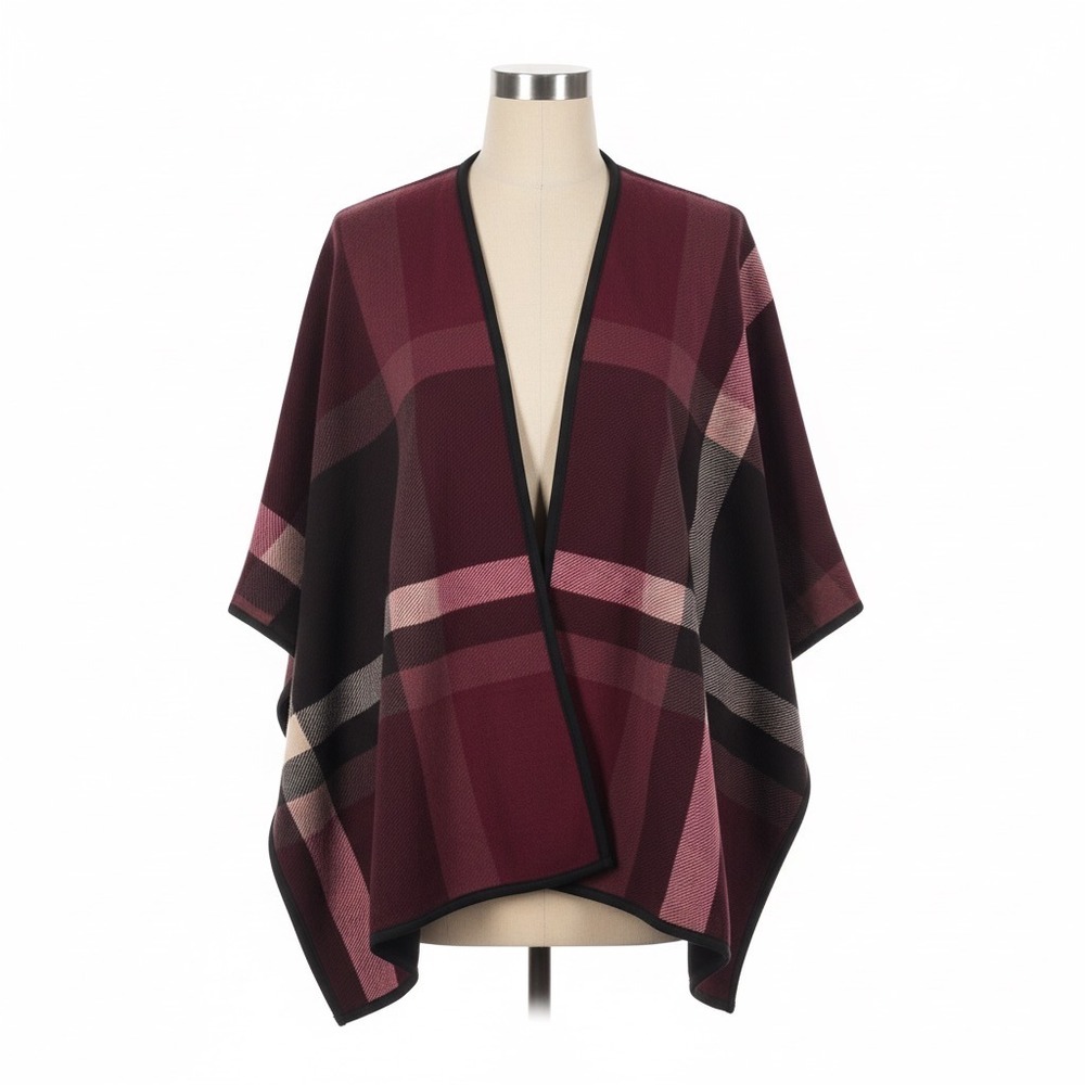 Denim & Co Plaid Cape Poncho Wrap M/L Burgundy Check Blanket Scarf Fall Layering